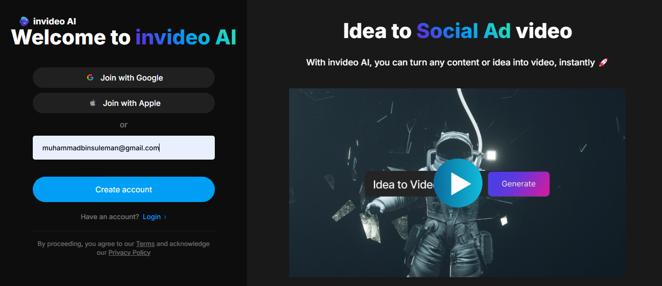 Visite e inscreva-se no Invideo