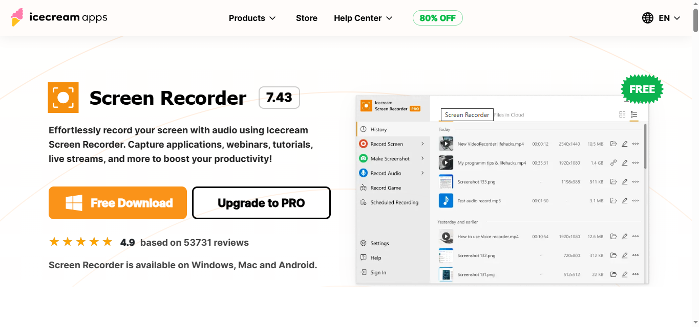 A interface do Icecream Screen Recorder - um gravador de tela 4k fácil de usar