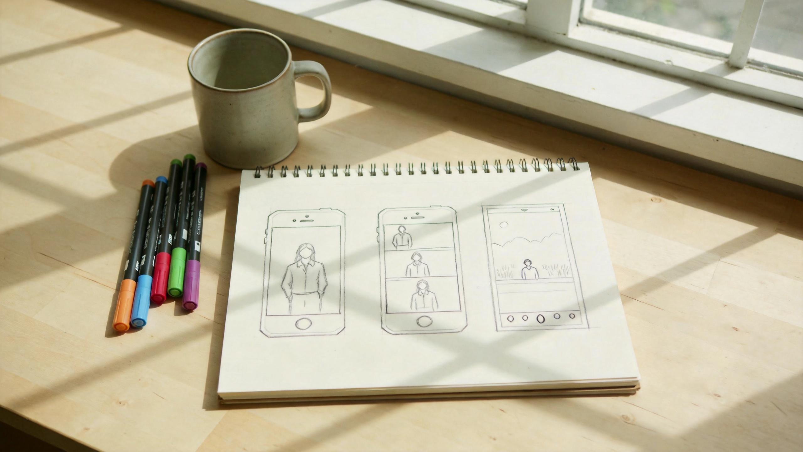 Notebook sketches of vertical phone video layouts beside markers and a mug on a sunlit desk