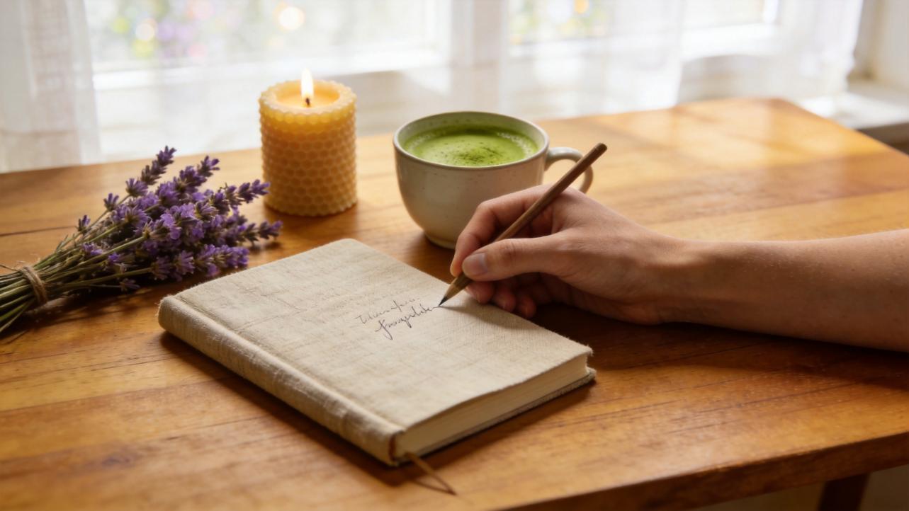 Hand writing in a notebook beside a lit candle, lavender, and a cup of green tea