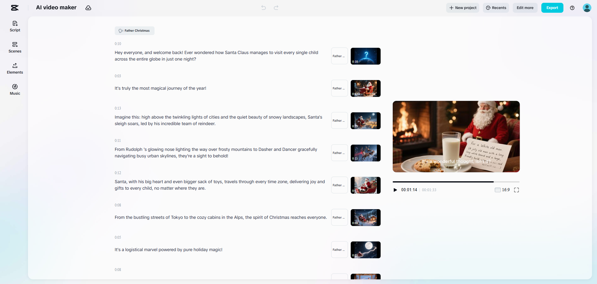 CapCut Web's AI video maker creating an AI Santa video