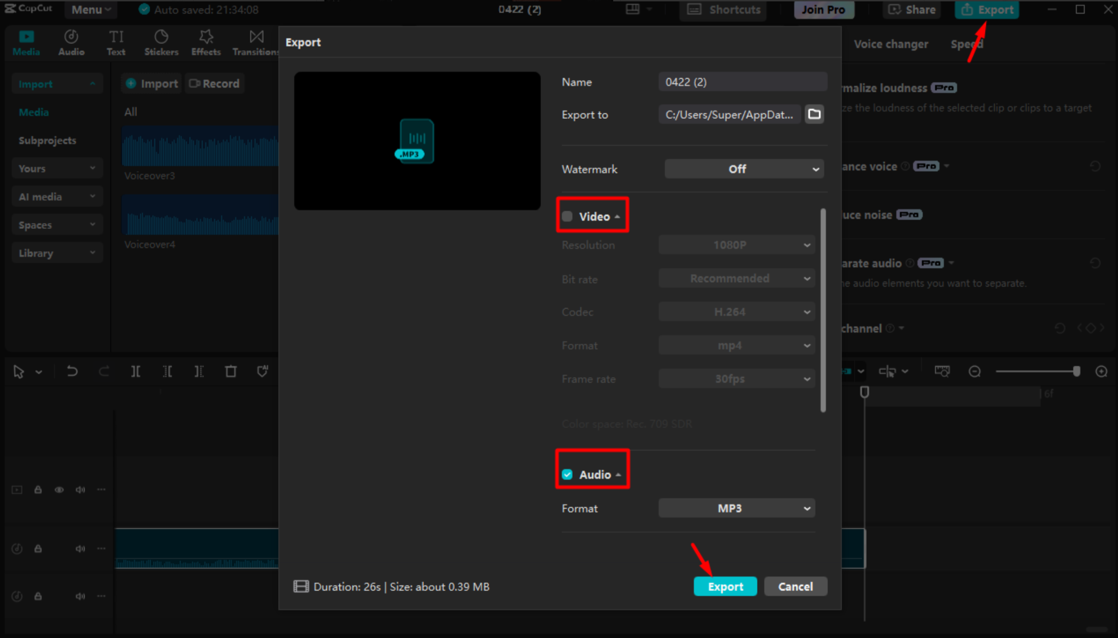Exportar grabación de audio desde el CapCut editor de video de escritorio