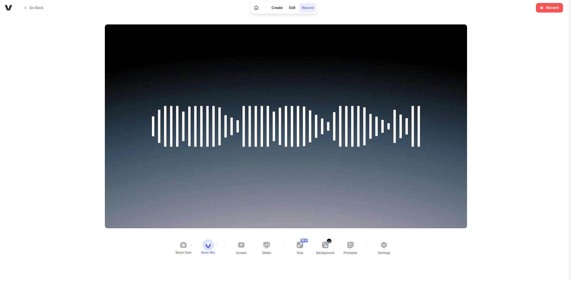 Interfaz de VEED.IO: un grabador de audio en línea de alta calidad.