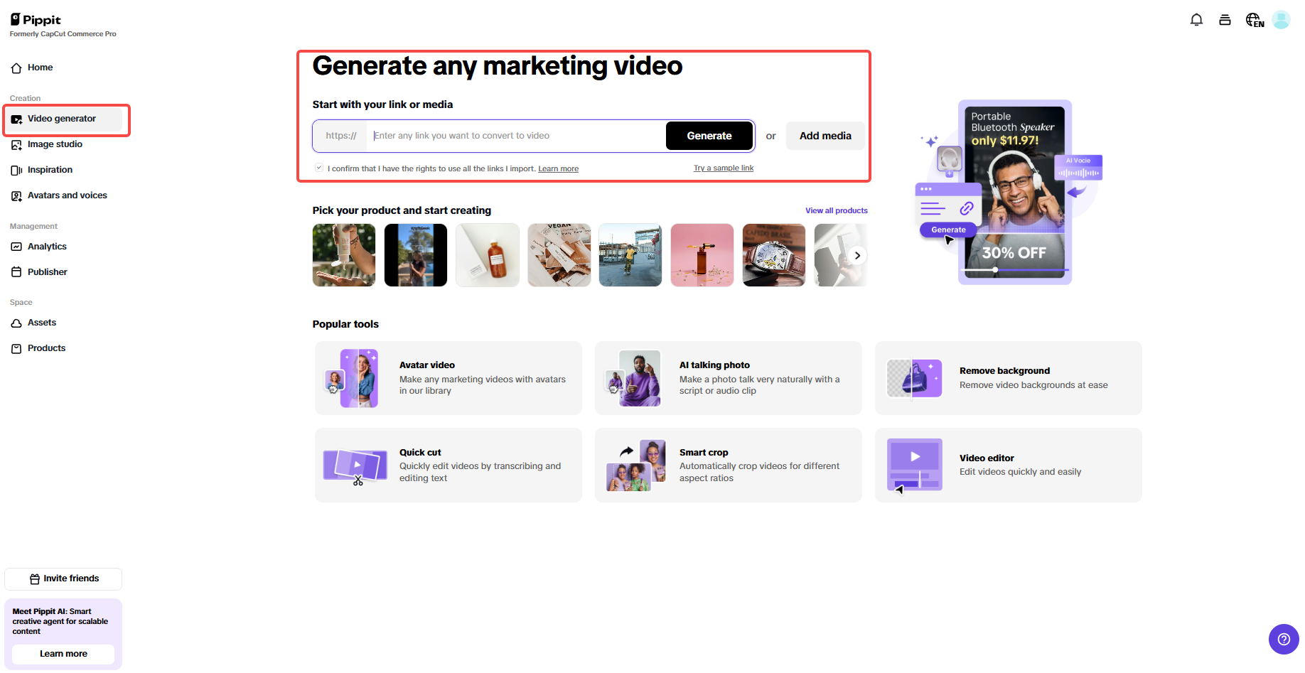 Generate videos with product links or media