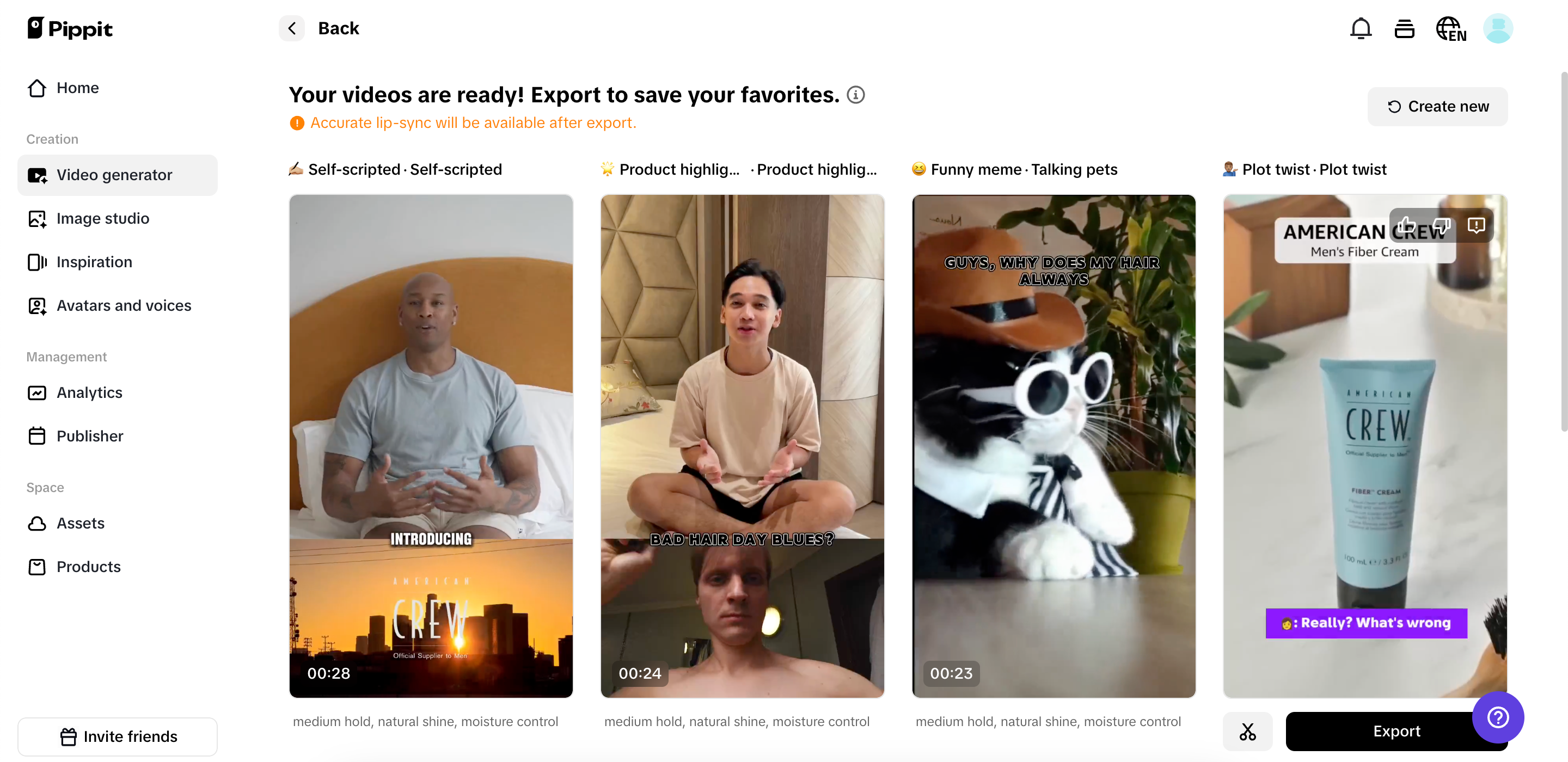 Seleziona il video generato che preferisci