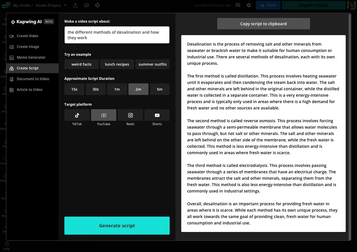 Interface of Kapwing - an easy to use video script generator