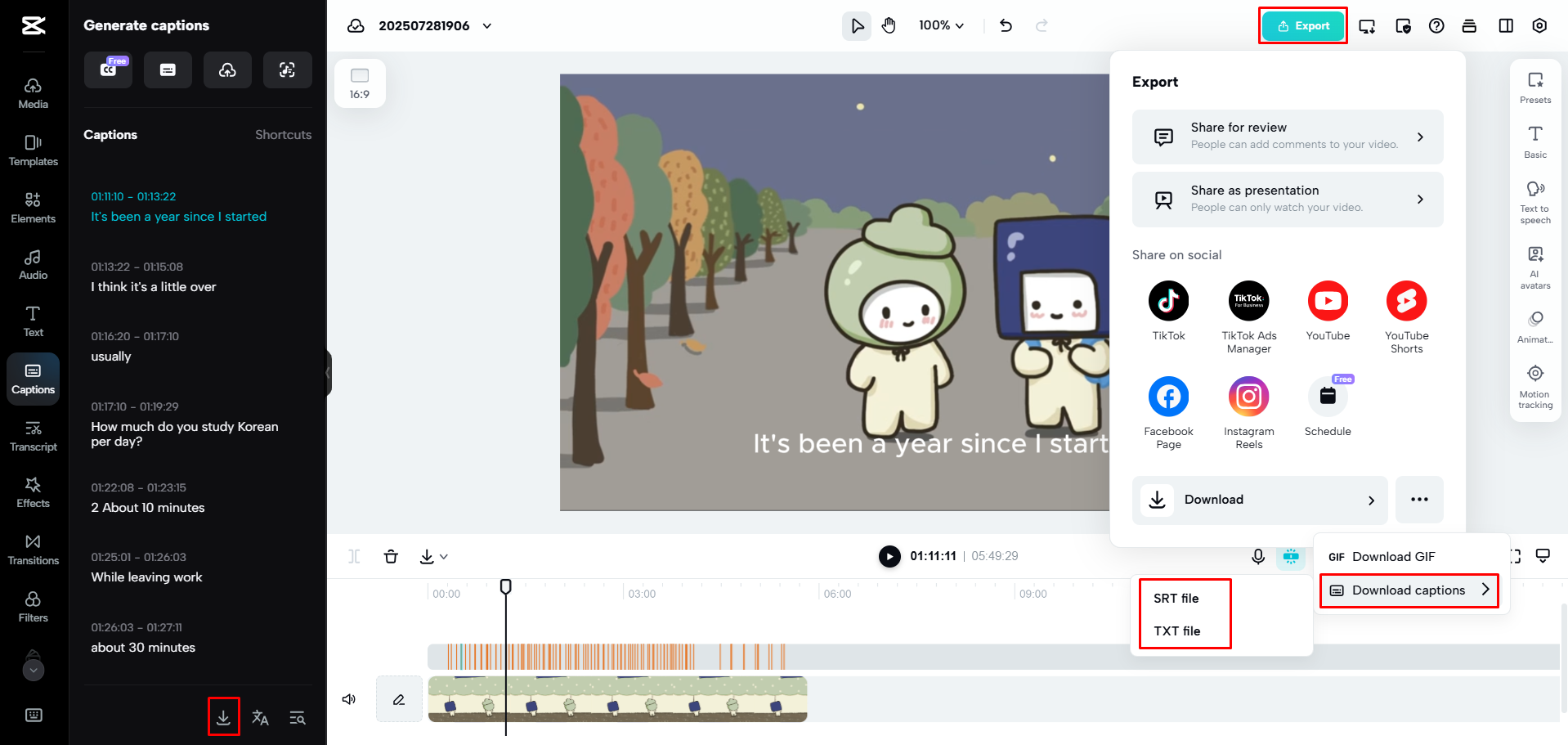 Descargando los subtítulos desde CapCut Web