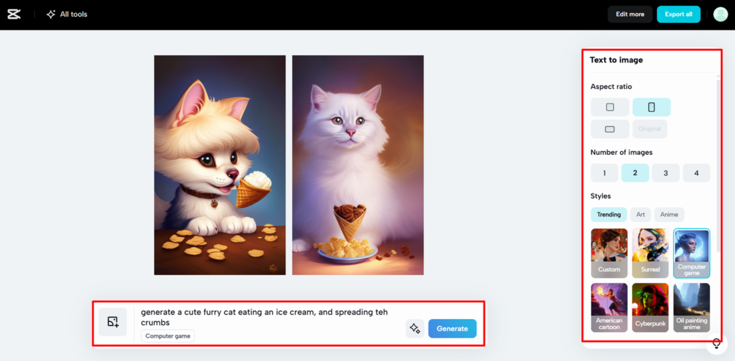 Selecting a style for image generation in the CapCut Web