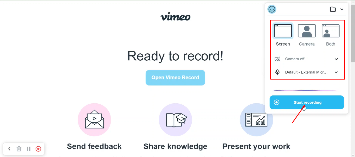 Adjust the recording settings in Vimeo recorder