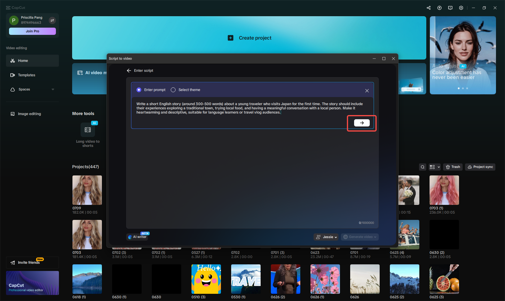 Inserir sua ideia de conteúdo no IA escritor no CapCut