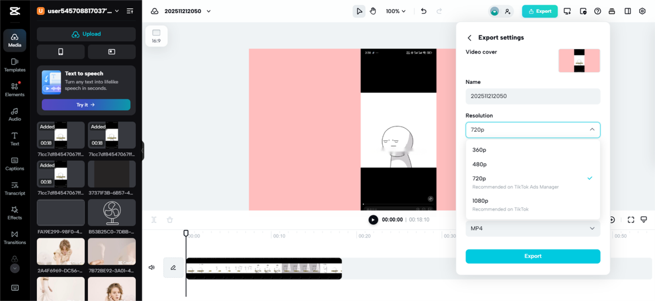 Cambia la risoluzione video in CapCut Web