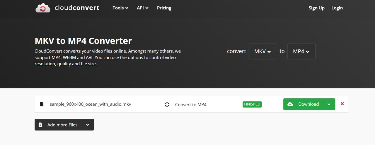 The interface of CloudConvert - an online MOV to MP4 converter