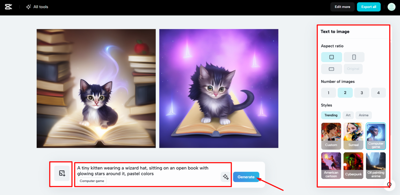 Generating an image from a text prompt in CapCut Web
