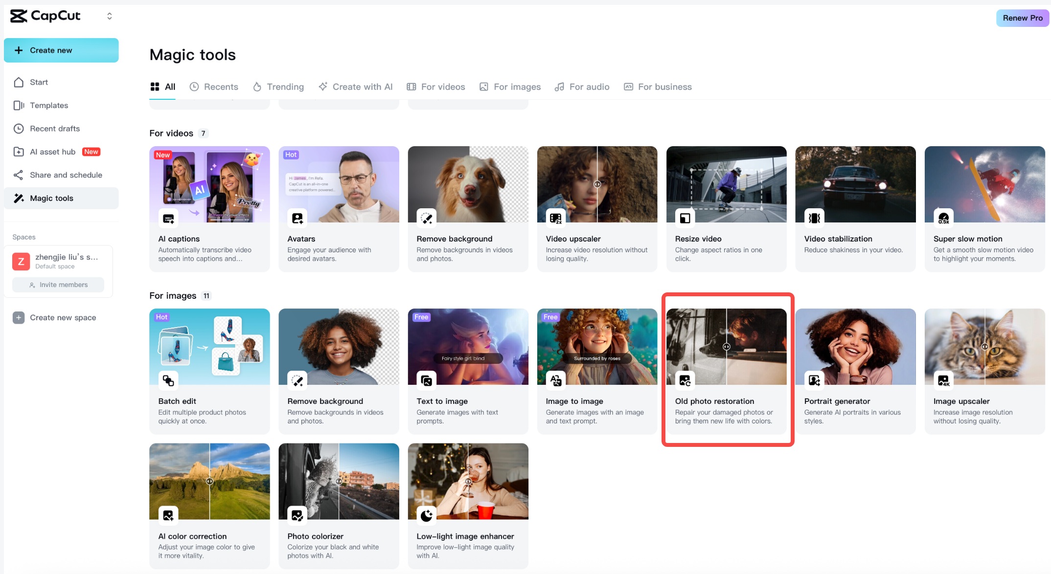 Acceder a la herramienta de restauración de fotos en CapCut Web