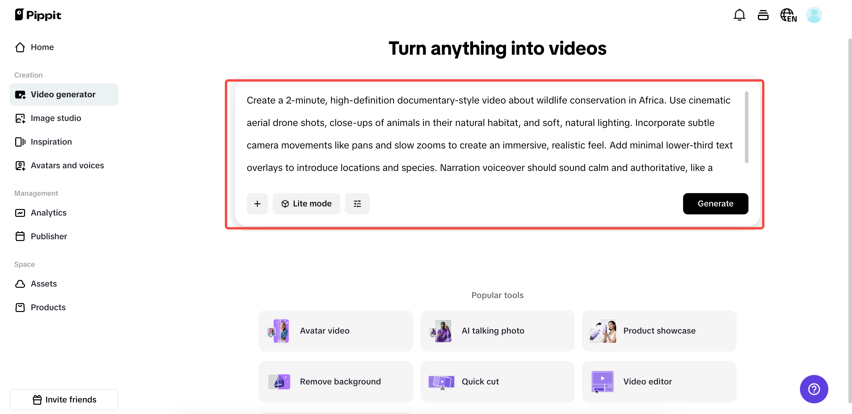 Access the "Video generator" section