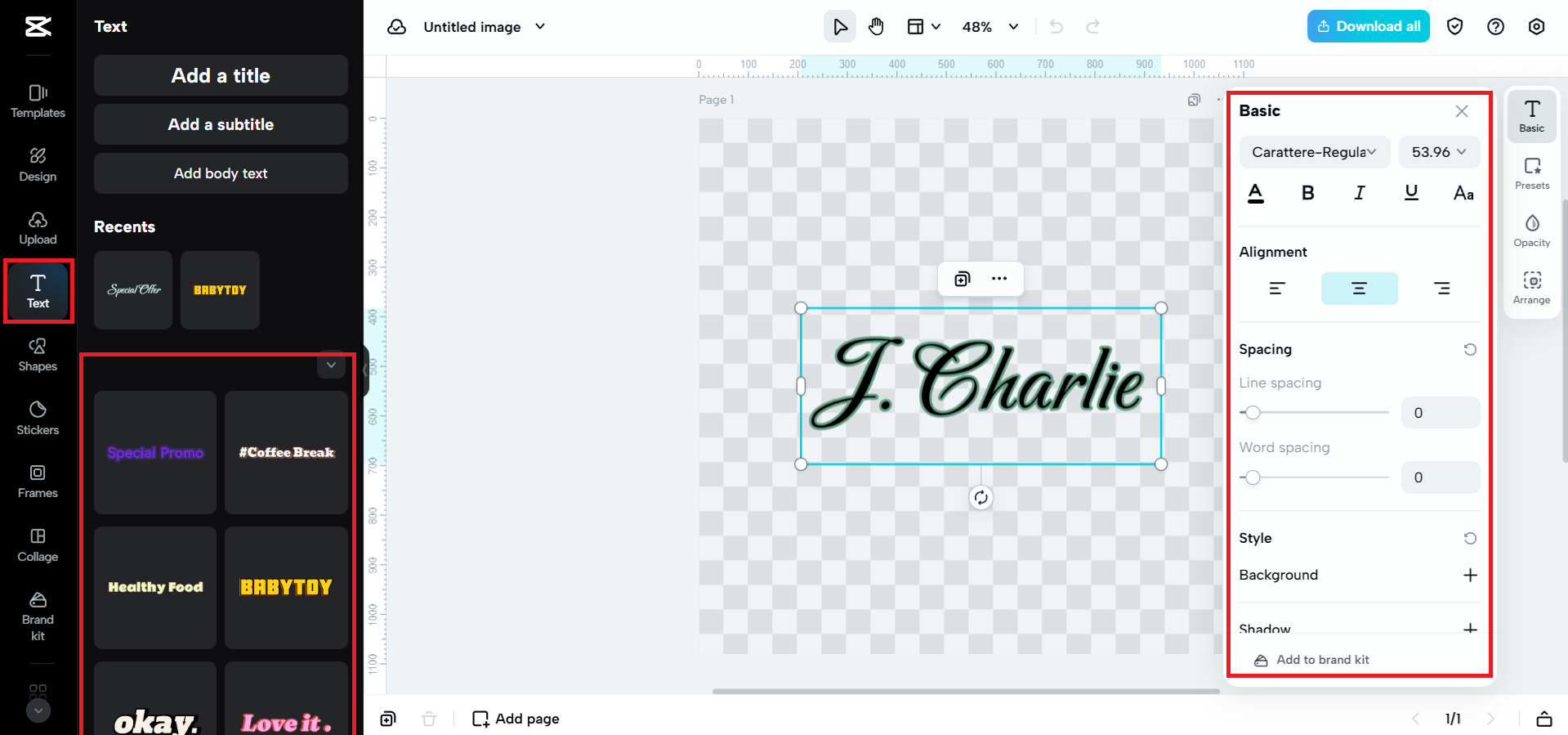 Select "Text" and edit your name/initials