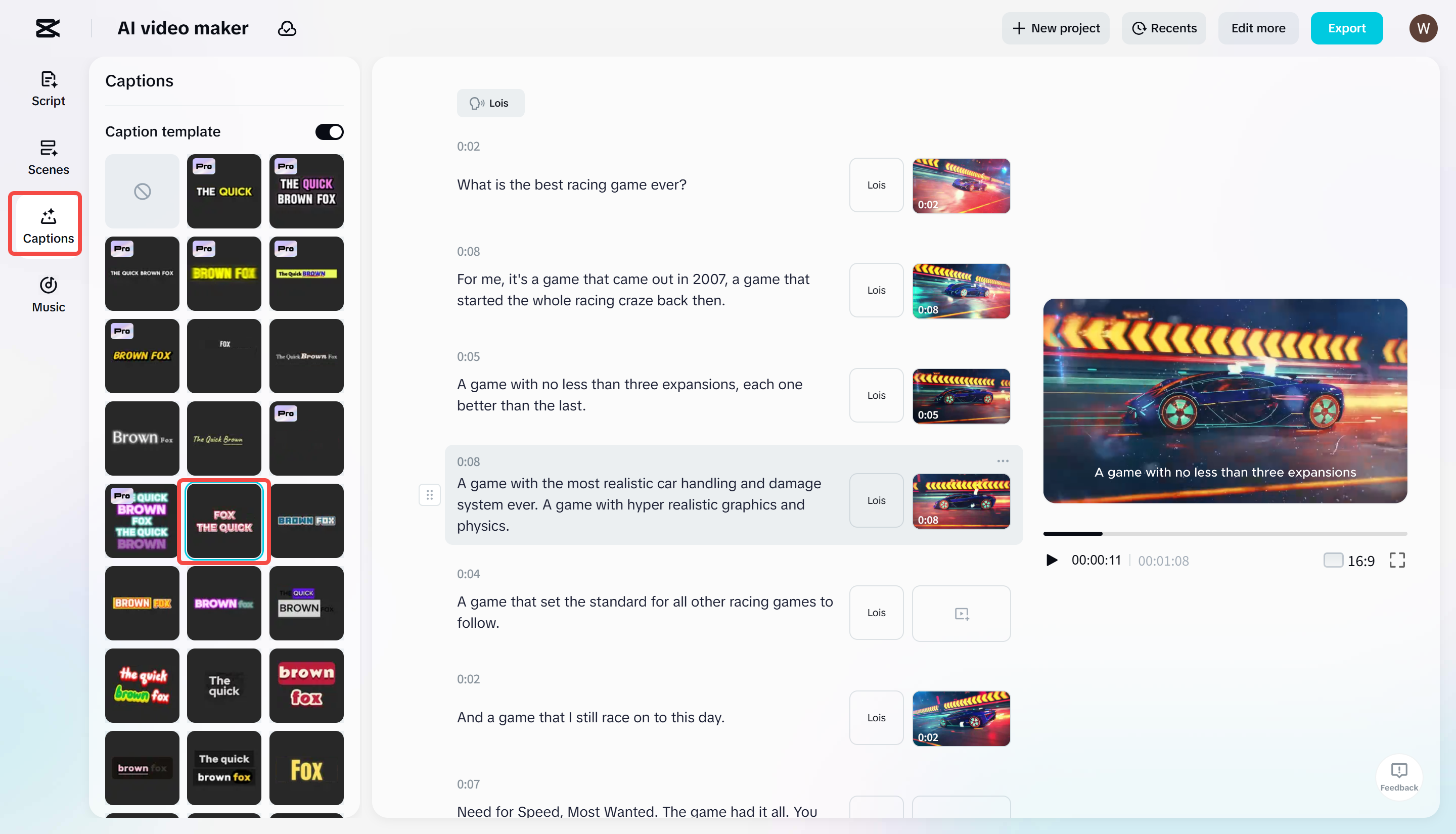 Adding caption templates to a video in CapCut's AI video maker tool