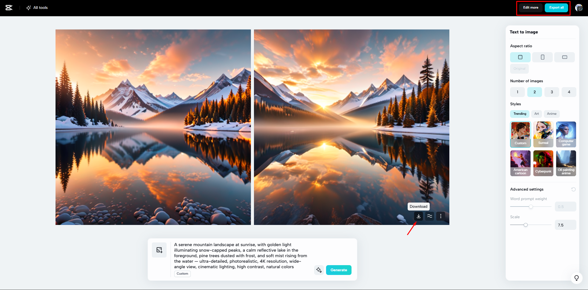 Die KI-generierten Bilder von CapCut Web herunterladen