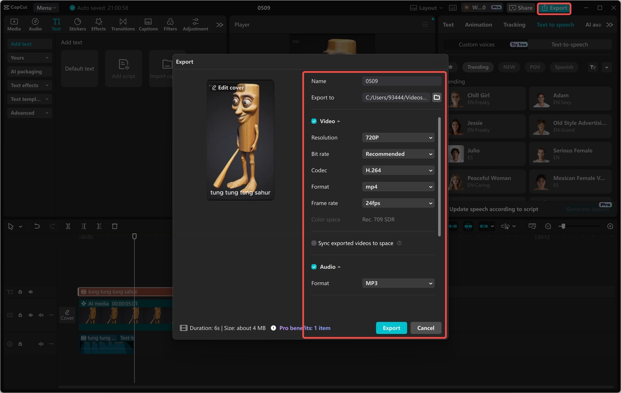Export the generated video