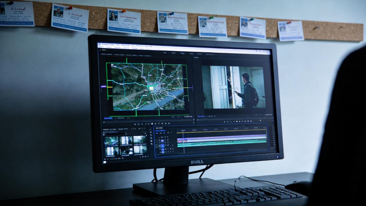 Video editing monitor showing a city map, a person at a doorway, and a timeline