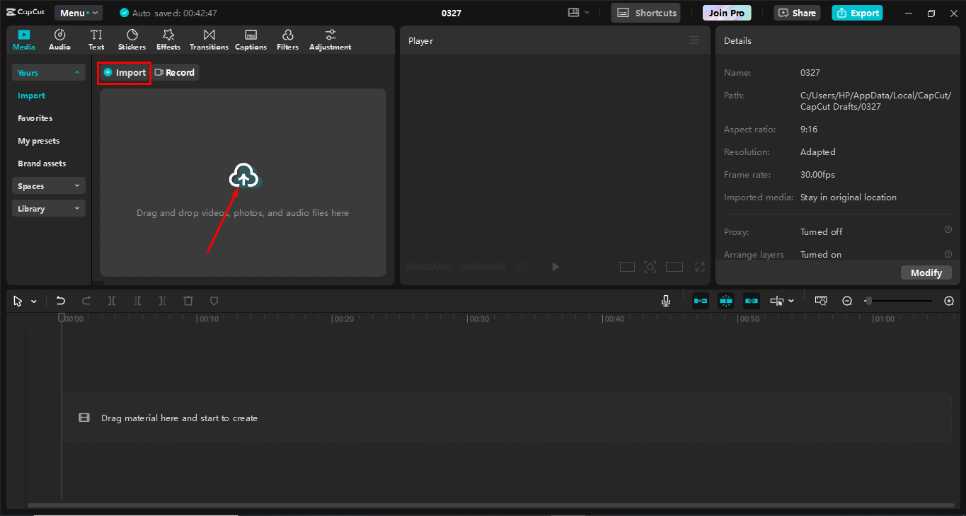 Subiendo video al editor de video de escritorio CpCut