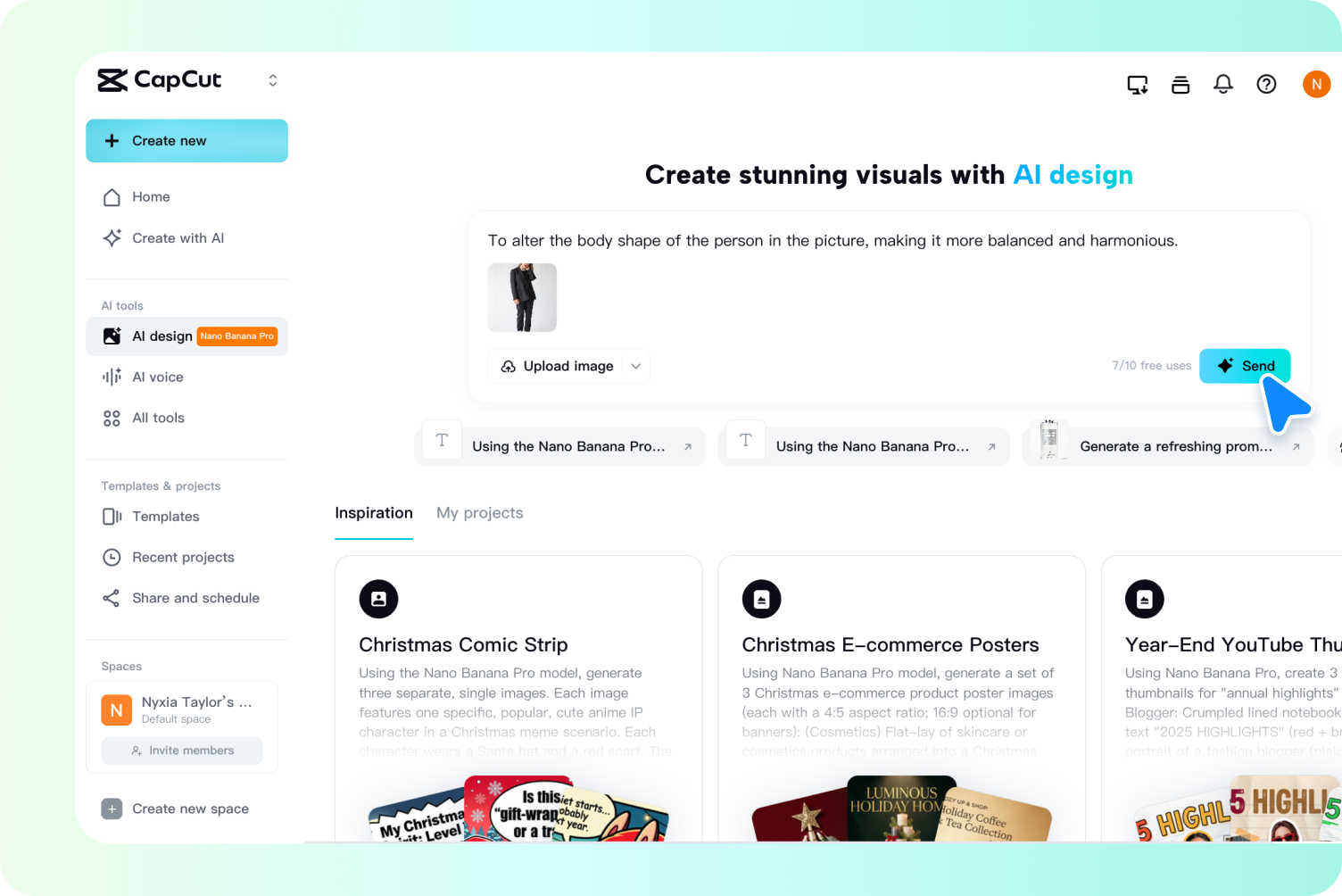 A CapCut AI design page shows a body-shape prompt, uploaded figure, Send button, and inspiration templates