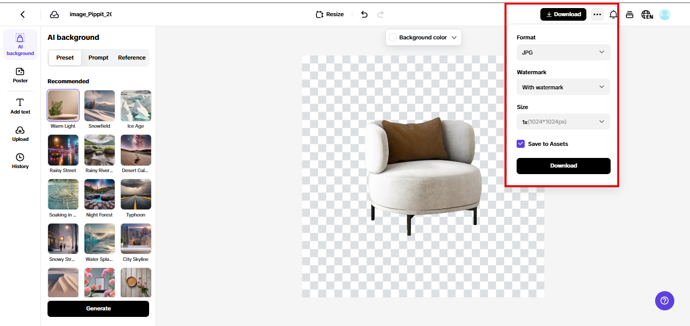 Exporting product picture from Pippit