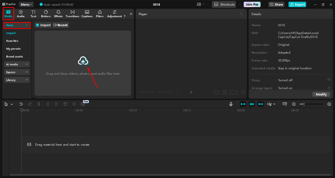 Hochladen von Videos auf den CapCut Desktop-Video-Editor