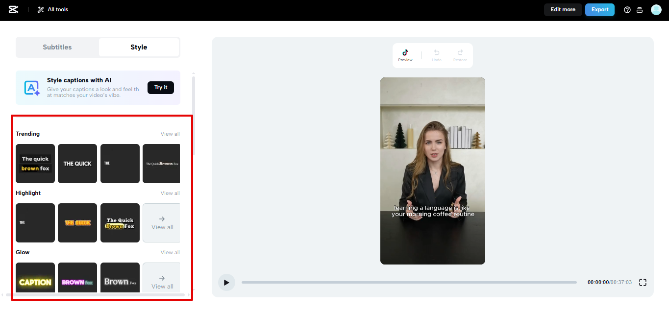 Preset caption templates in CapCut Web