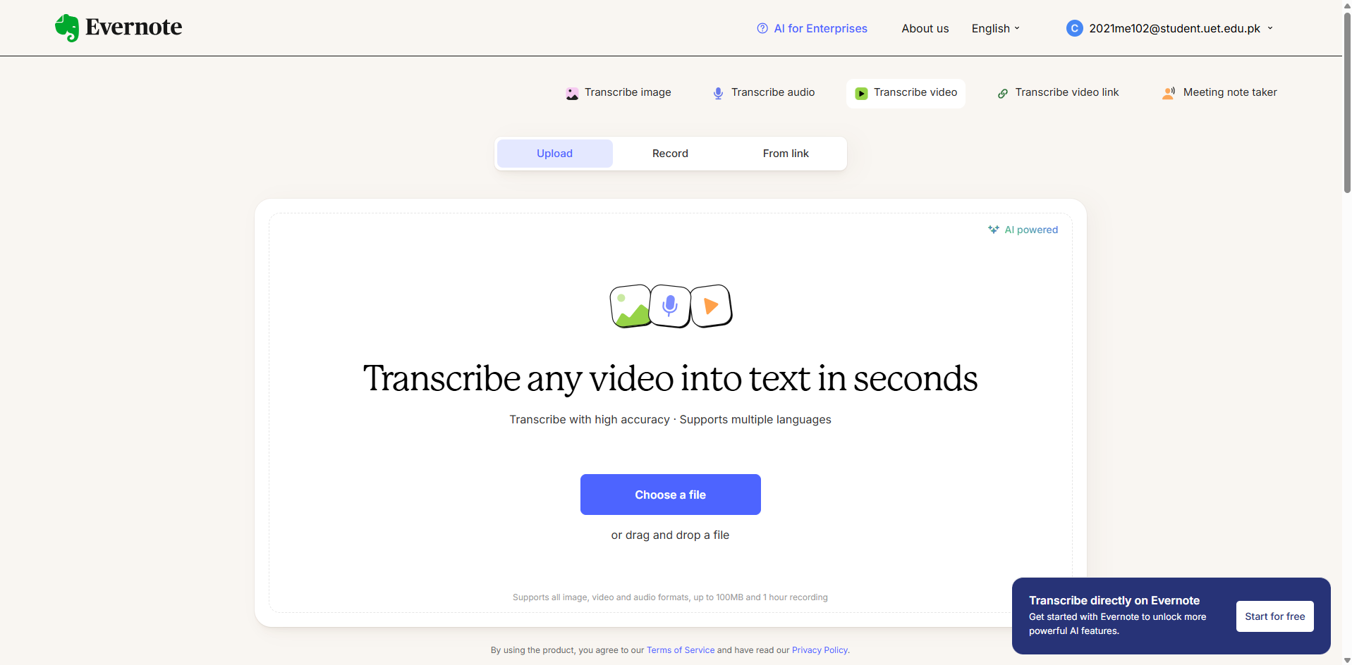 Interface of Evernote - a perfect AI video transcription tool