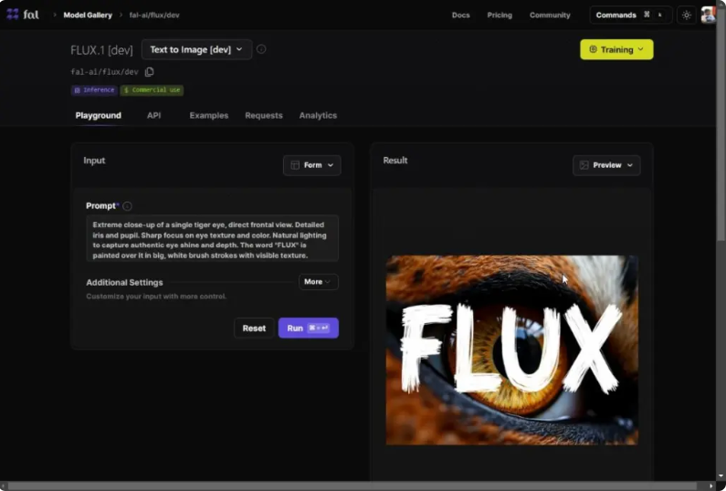 Interface de Fal.ai - un générateur d'images efficace basé sur Flux AI.