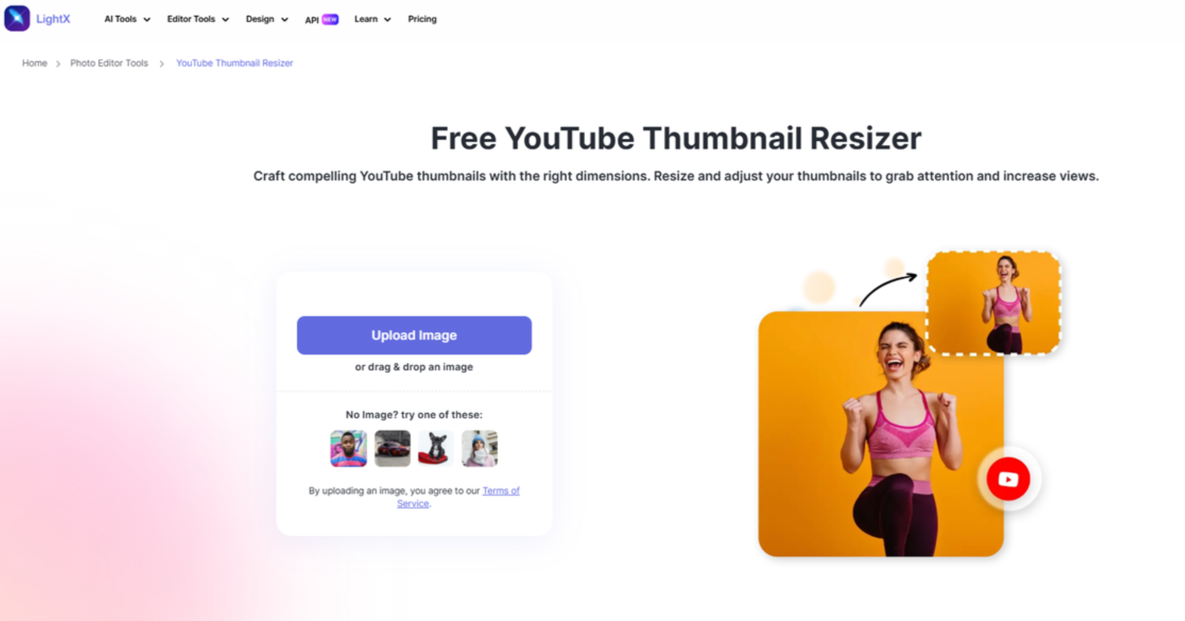 Interface of LightX - another free YouTube thumbnail resizer