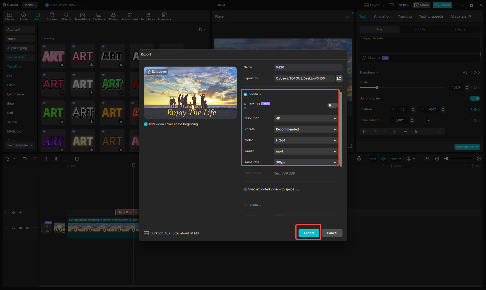 Exporting the video in CapCut