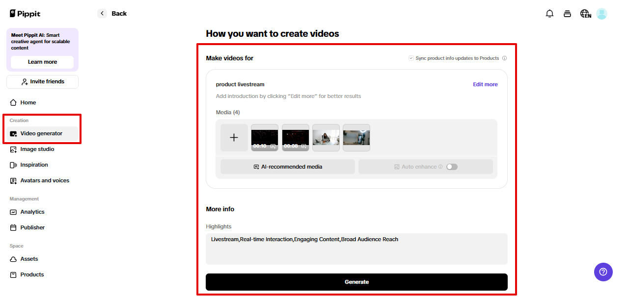 Customizing video settings in Pippit