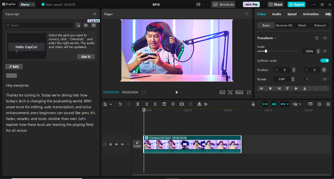 Interface de edição do editor de vídeo para desktop CapCut - uma ferramenta perfeita para transcrever vídeos gratuitamente