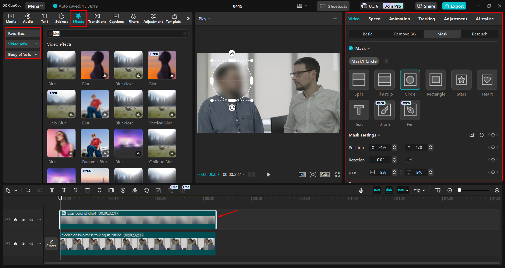 Applying the blur effect to a video in the CapCut desktop video editor