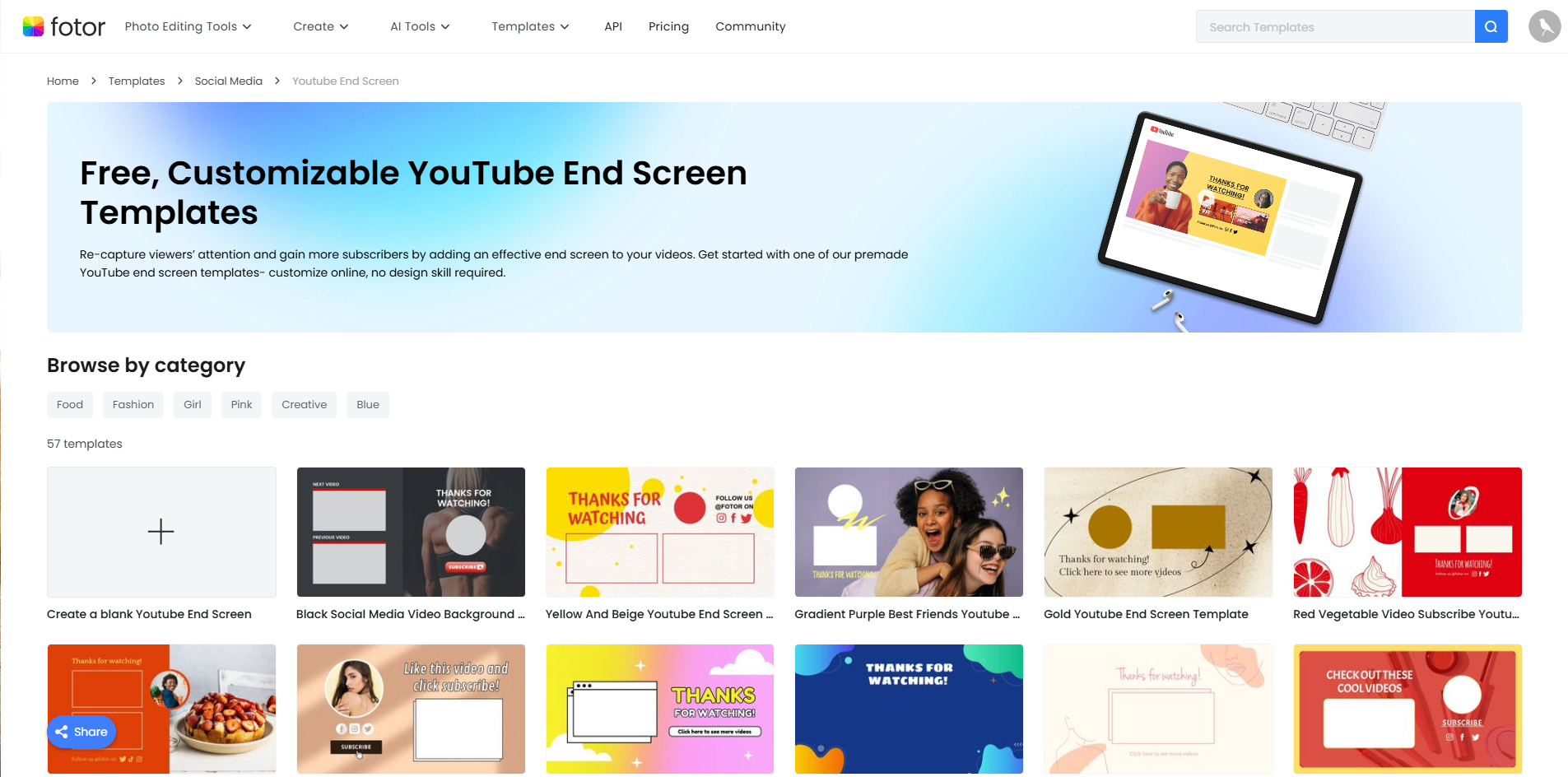 Interface de Fotor - l'outil parfait pour modifier les modèles d'écran de fin sur YouTube