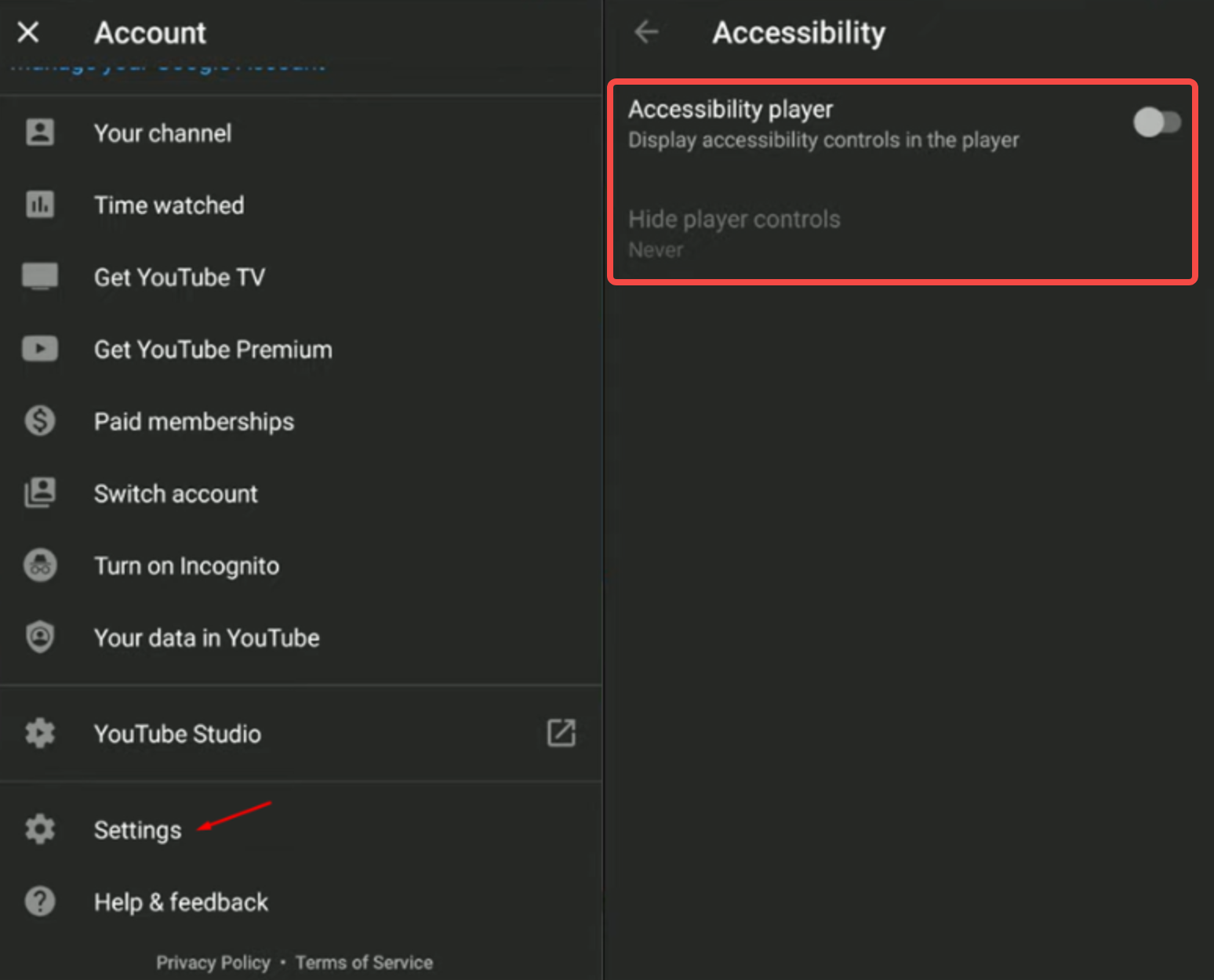 Usando a acessibilidade nas configurações para aplicar a sobreposição de ocultação curta do YouTube
