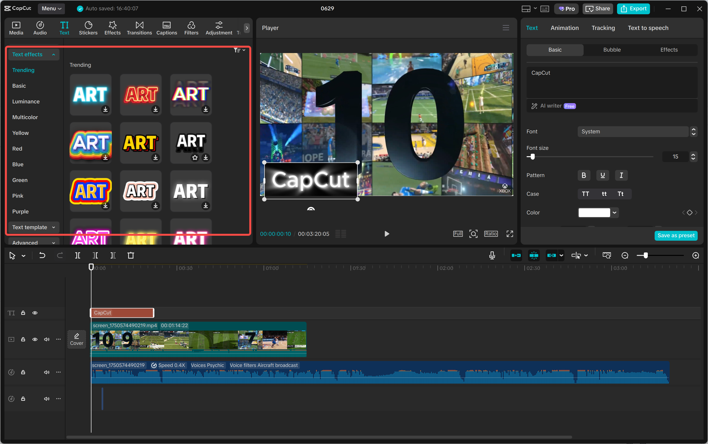 CapCut video editing interface with text and captions features
