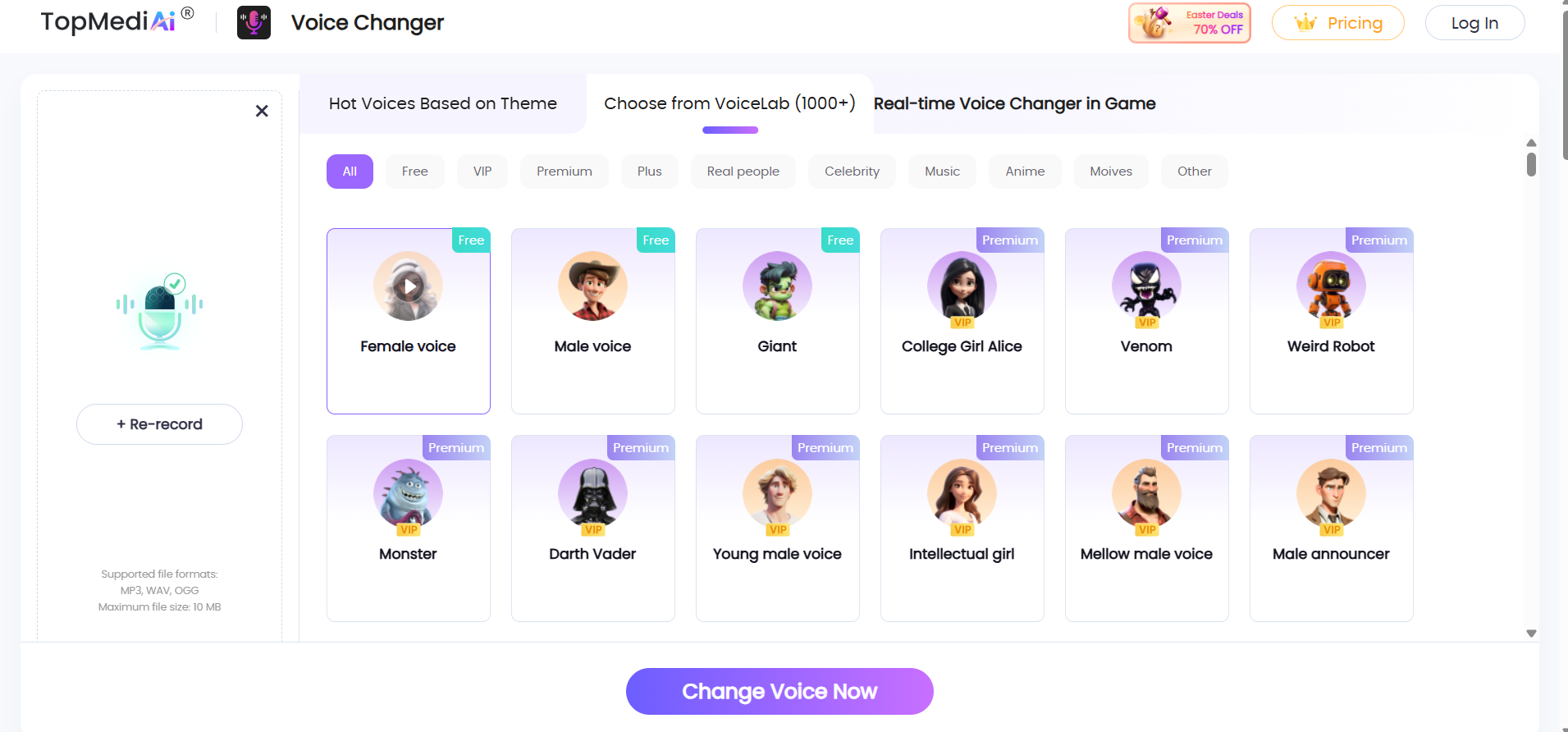 TopMediAI Voice Changer-Oberfläche