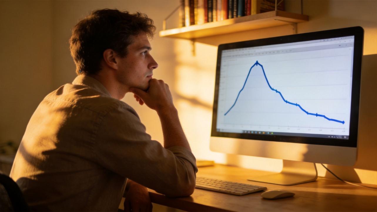 Man studying a rising and falling line graph on a desktop monitor
