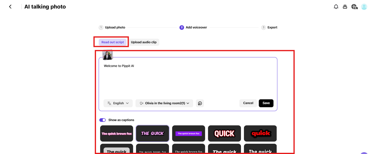 Enter script, choose language and add voice