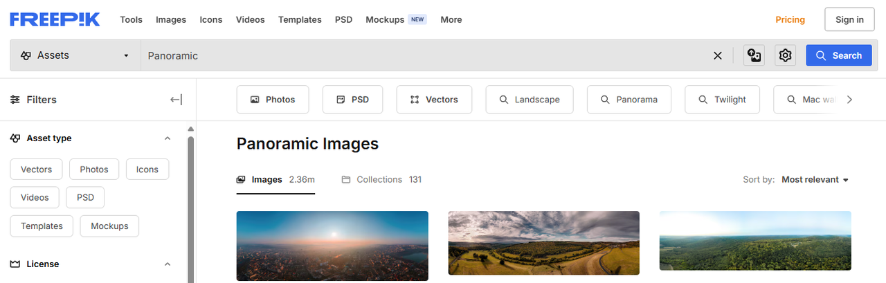 Interface do Freepik - uma plataforma versátil que apresenta uma extensa biblioteca de imagens panorâmicas