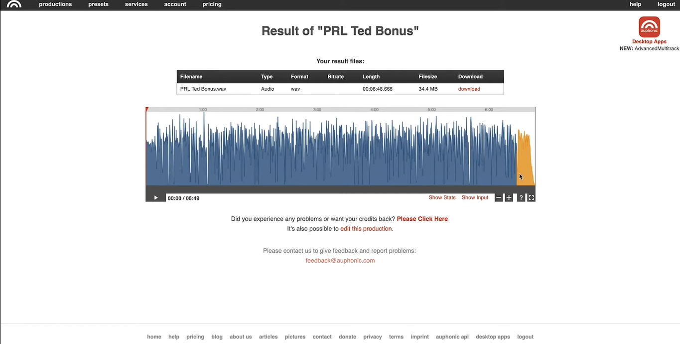 Schnittstelle von Auphonic - Podcast Voice Enhancer AI