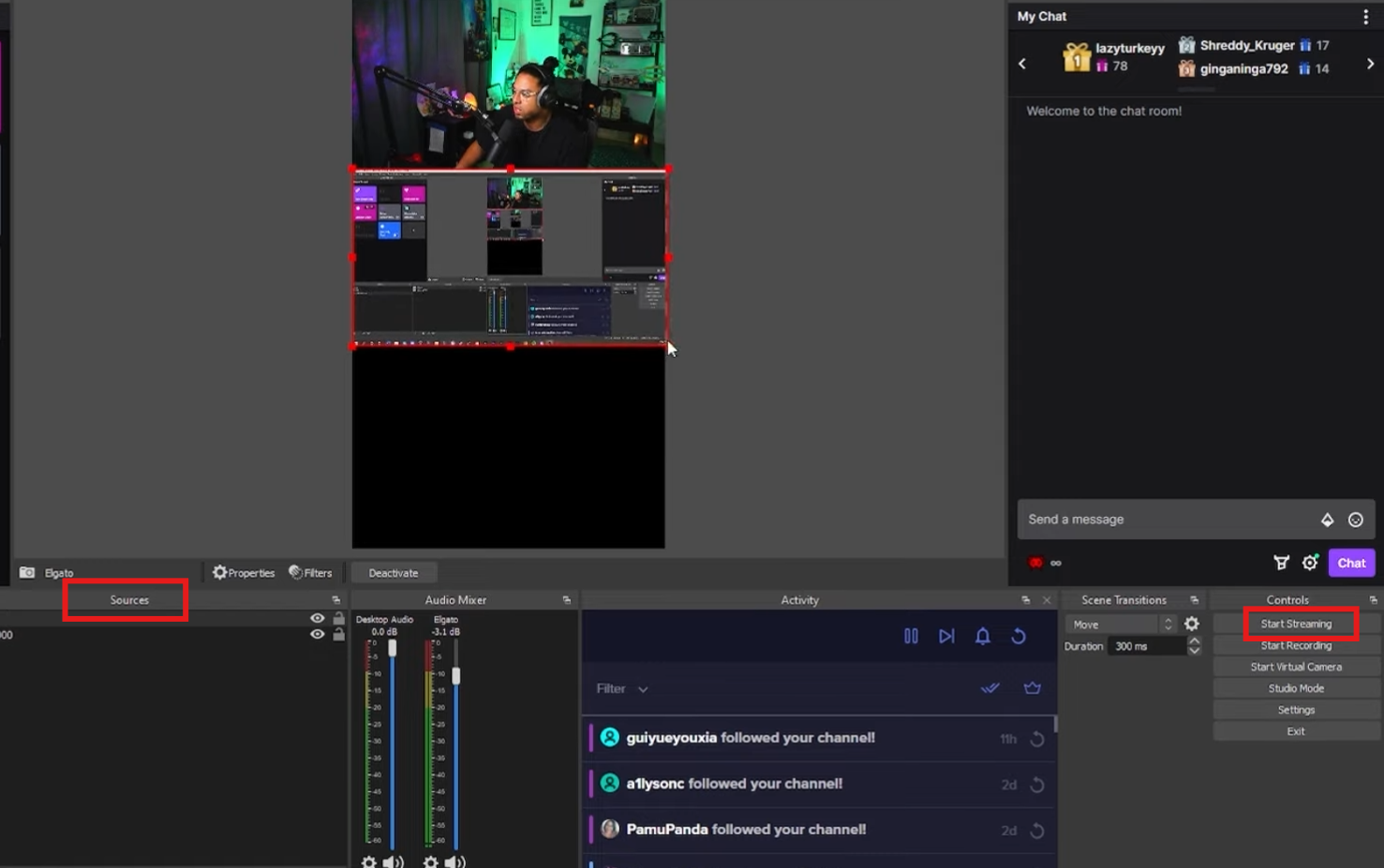 Add sources and start streaming