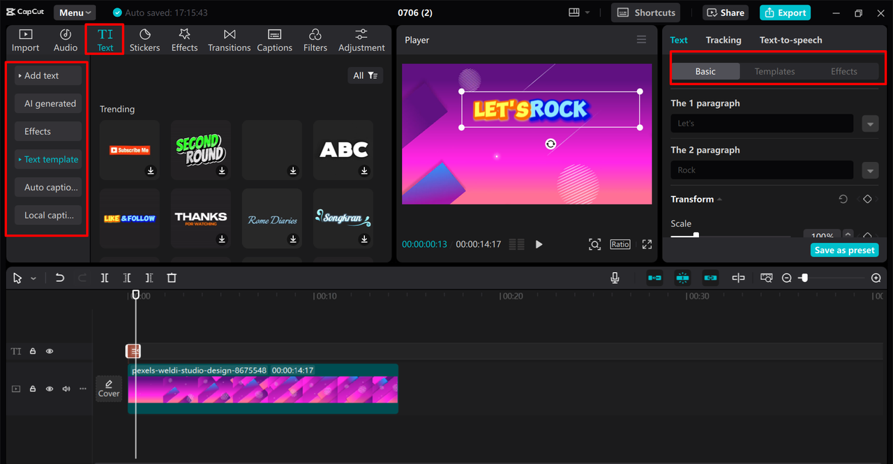 A Let's Rock graphic appears beside text templates and AI controls in a desktop editor