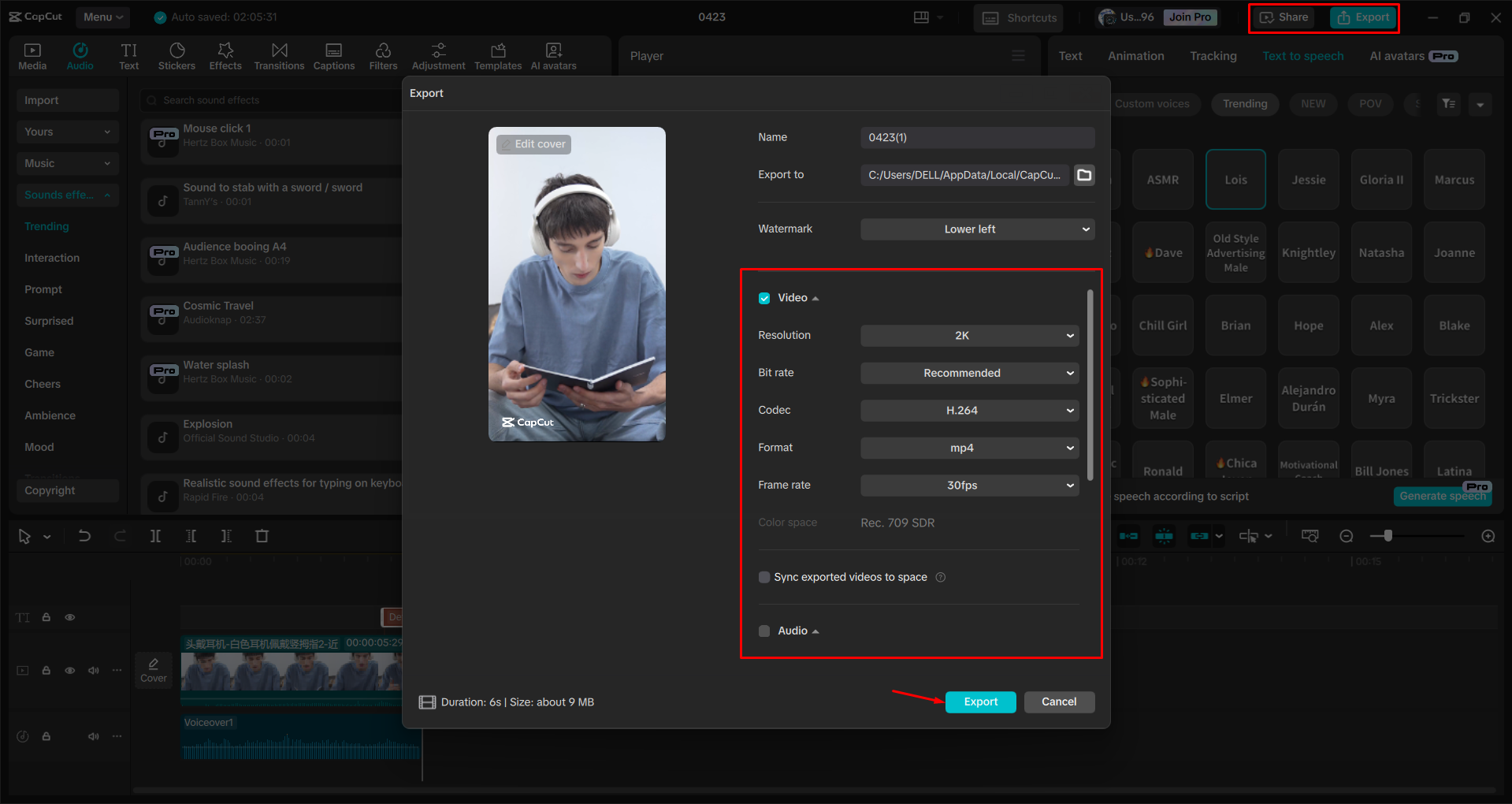 Esportazione di un video dall' CapCut editor video desktop
