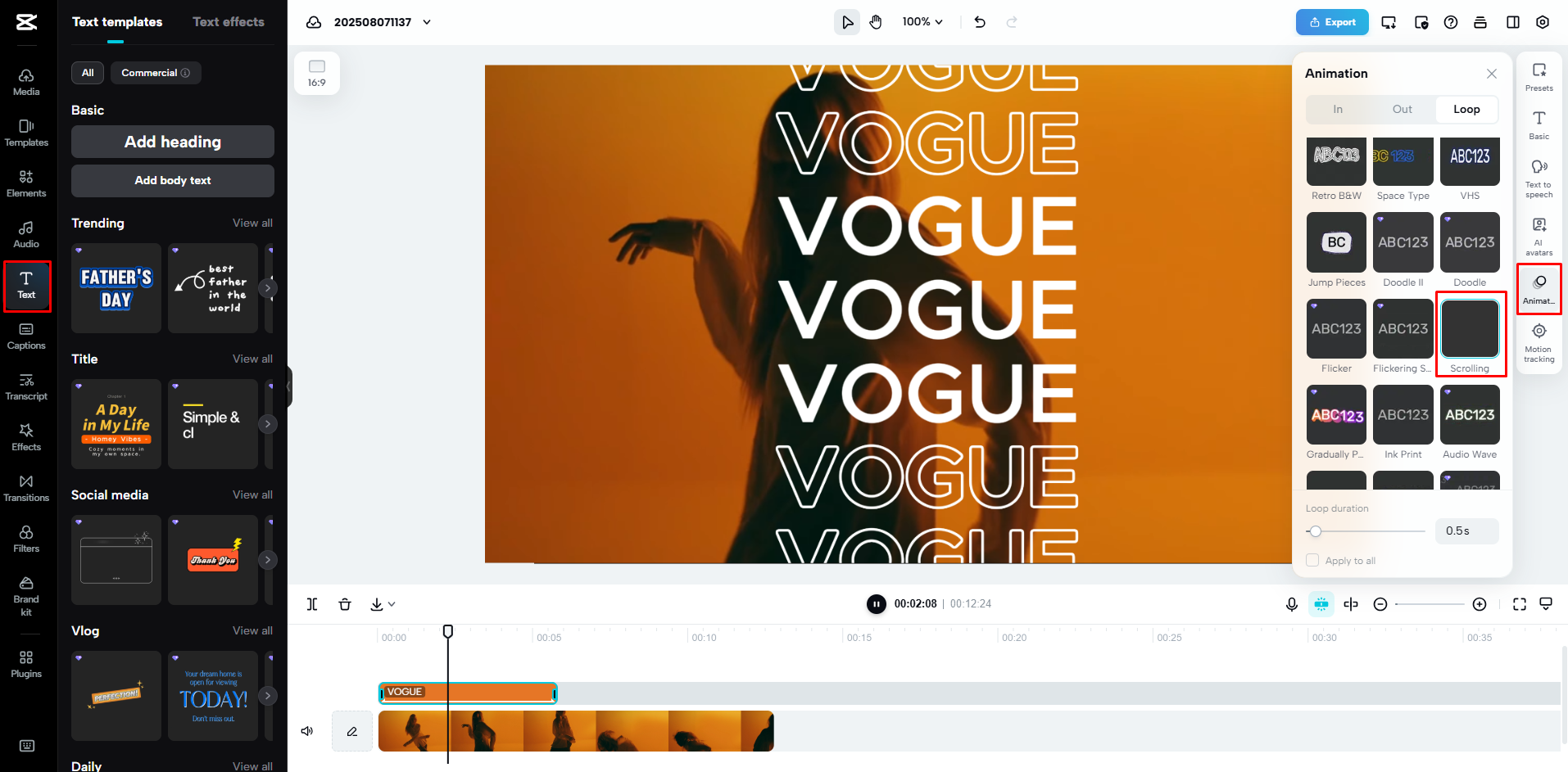 Adicionando animação de texto rolante em um vídeo com o CapCut Web