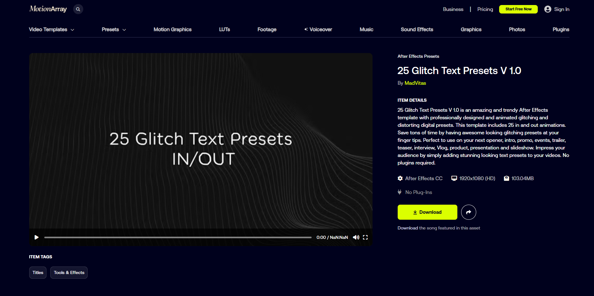 Interface of Motion Array - a quick way to download After Effects text glitch