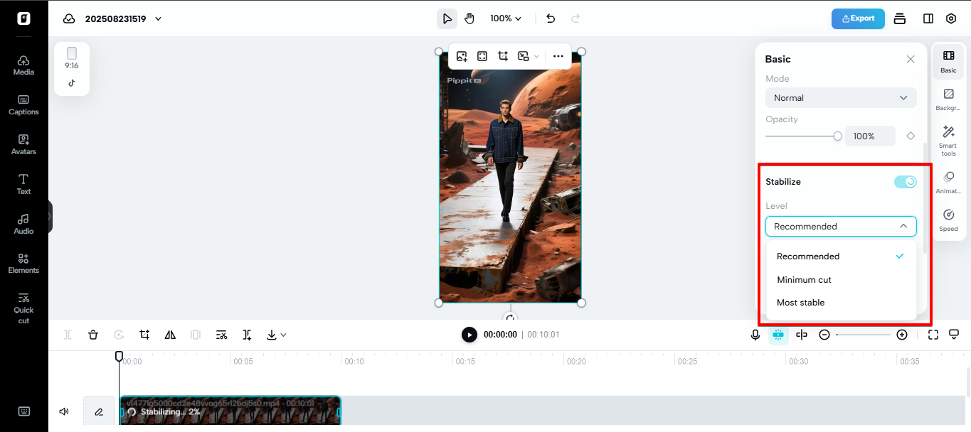 Estabilización de video en Pippit